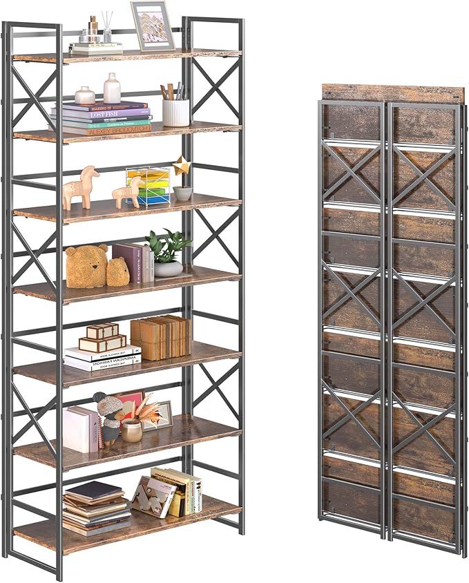 4NM 7 Tiers No Assembly Book Shelves, 72.4" H Folding Bookshelf Bookcase Open by 4NM