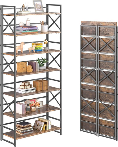 4NM 7 Tiers No Assembly Book Shelves, 72.4" H Folding Bookshelf Bookcase Open by 4NM