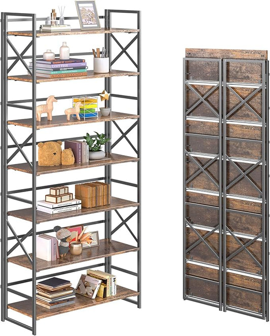 4NM 7 Tiers No Assembly Book Shelves, 72.4" H Folding Bookshelf Bookcase Open by 4NM