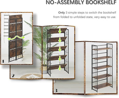 4NM No Assembly 5 Tiers Folding Bookshelf, 59.4" H Foldable Storage Shelves - Image 7