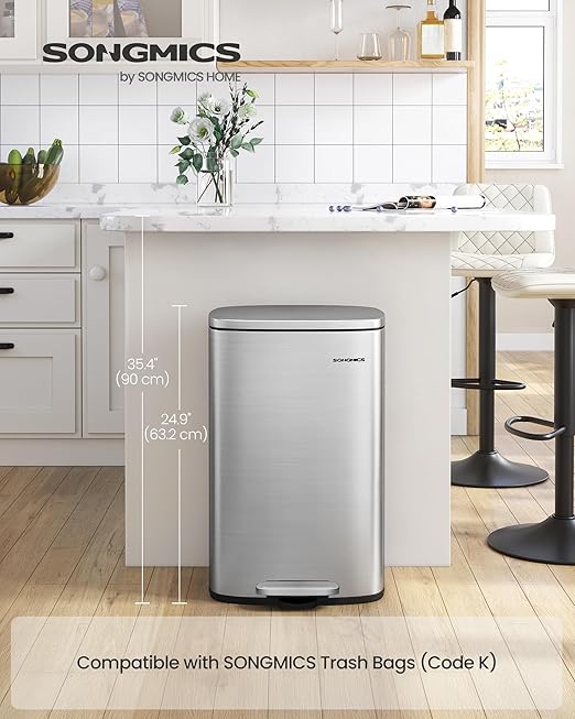 SONGMICS 13 Gallon Trash Can, Stainless Steel Kitchen Garbage Can, Recycling or - Image 2