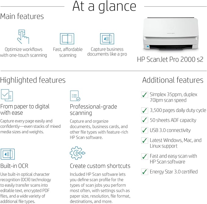 HP ScanJet Pro 2000 s2 35ppm USB 3.0 Color Duplex Scanner - Image 3