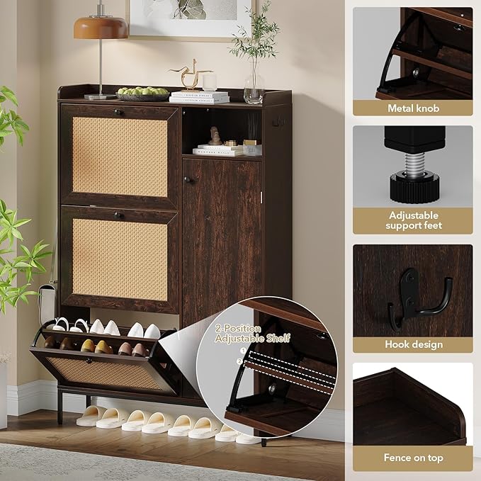 Rattan Wooden Shoe Cabinet, Freestanding 3-Flip Drawer Shoe Storage Organizer - Image 4