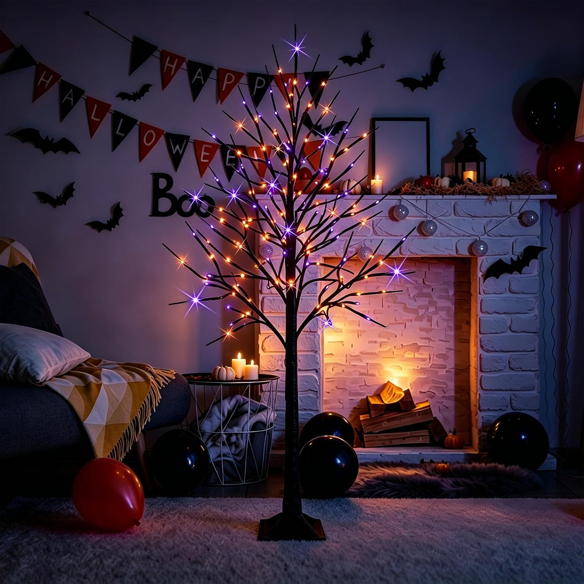 Dazzle Bright 2 Pack Halloween Lighted Up Birch Tree, Total 96 LED Purple and...