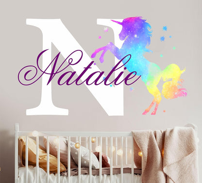 Girls Nursery Glitter Shimmer Sparkle Printed Unicorn Name and Initial Personalized Custom Name Vinyl Wall Decal, Wall Decor Sticker (Multiple Sizes to Choose from) (Rainbow Shimmer)