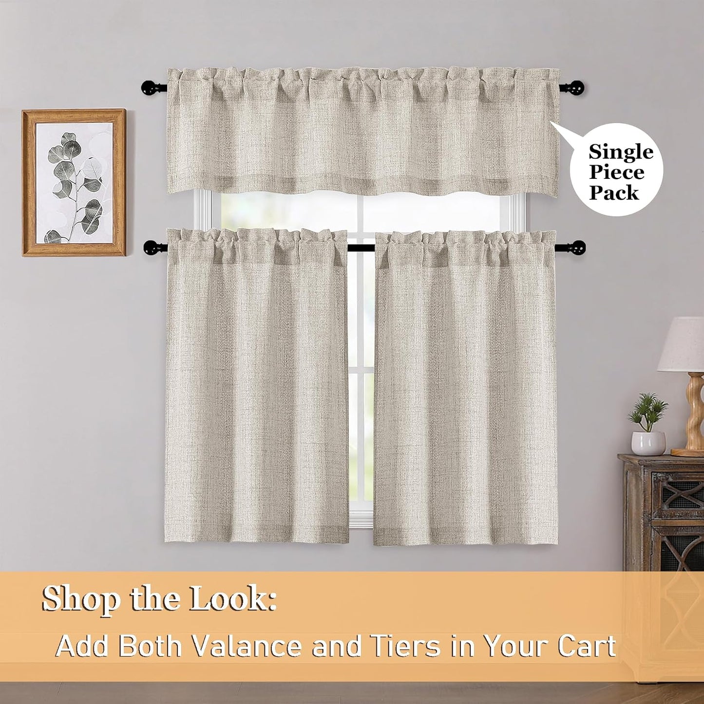Linen Valances for Windows 1 Pcs, Light Filtering Textured Farmhouse Short Small Valance Curtains for Bathroom Basement Living Room Bedroom, Rod Pocket Half Curtains Over Sink, 60Wx14L Inch