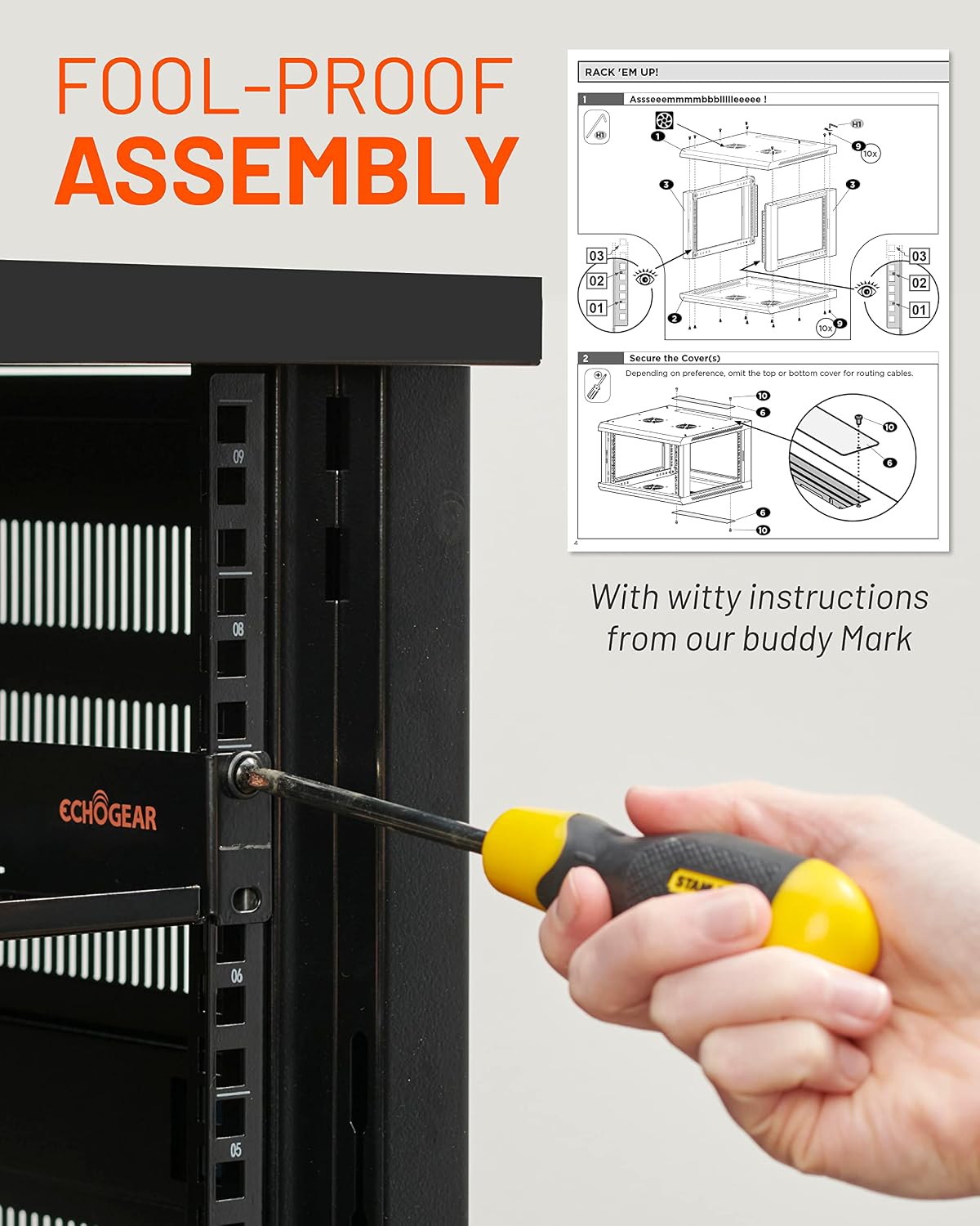 echogear 12u network rack w/enclosed design, easy install, front angle view