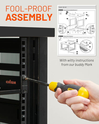 echogear 12u network rack w/enclosed design, easy install, front angle view