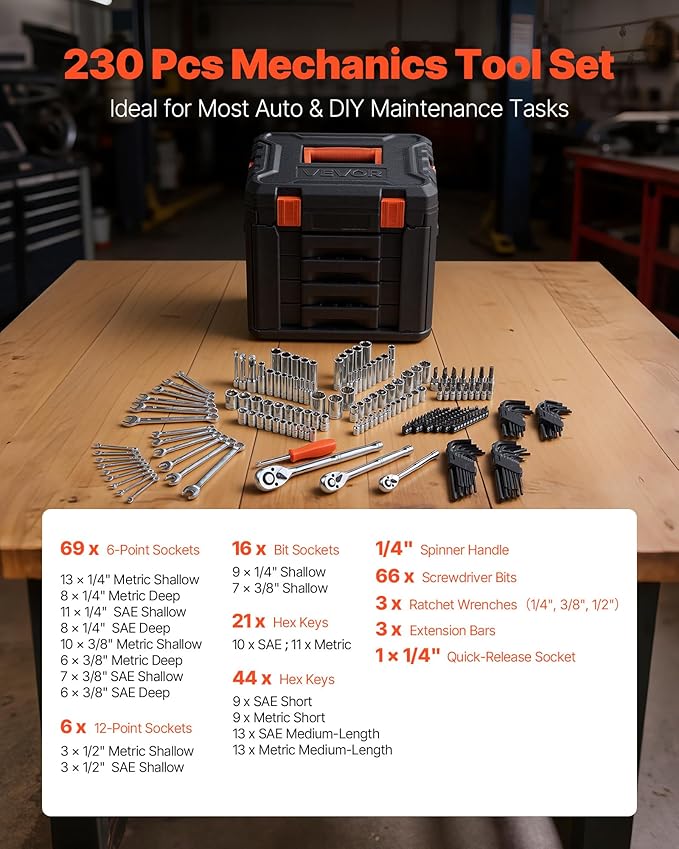 VEVOR Mechanics Tool Set, 230-Piece Mechanic Tool Kit, 1/4 in, 3/8 in, and 1/2 - Image 3