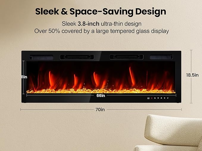 70" Electric Fireplace Realsmart Wall Mounted and Recessed 1500W Fireplaces - Image 7
