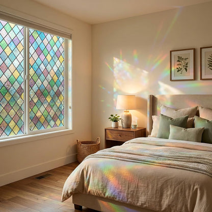 Stained Glass Window Film, Colorful Geometric Diamond, 17.5"x 78.7" | Blocks Clear View, Casts Soft Rainbow Light | Static Cling, No Glue, Residue-Free | UV Blocking, Reusable | For Home & Office