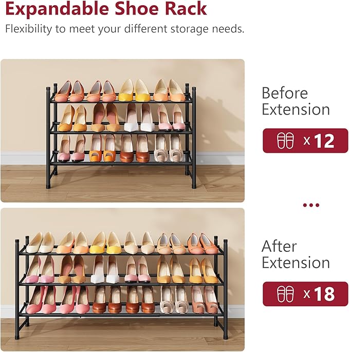 Tajsoon Expandable Shoe Rack for Closet 3 Tier, 28“-41“Adjustable & Stackable - Image 7