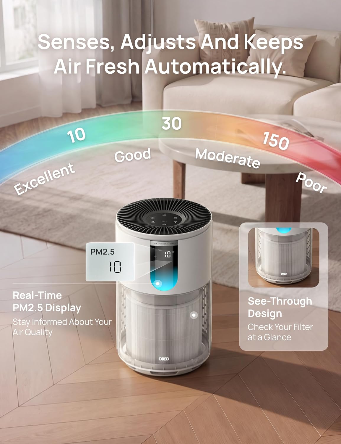 dreo air purifier for home, up to 1176 on a desk or shelf