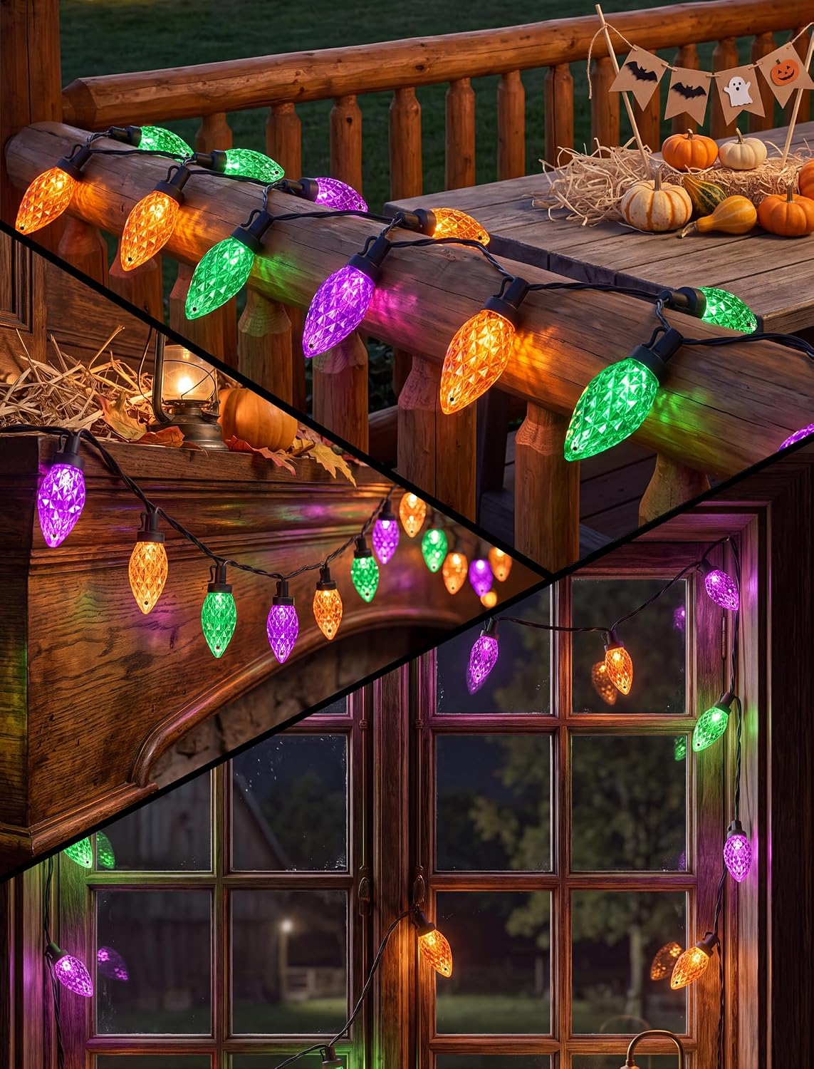 26FT C9 Halloween String Lights, 50 LED Orange Green Purple Diamond Lights