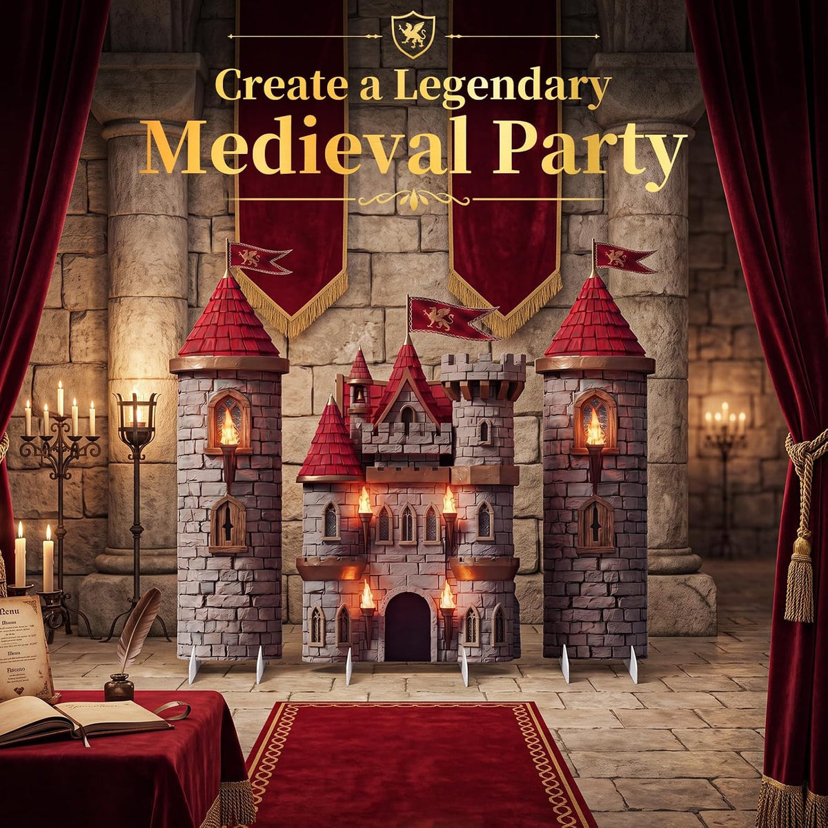 Novabright 3 Pcs Medieval Castle Backdrop Stand with Bases, Large Stone Knigh...