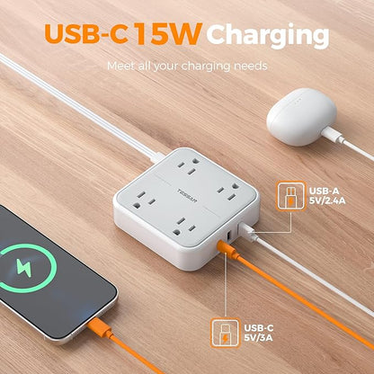 Surge Protector Power Strip, TESSAN Ring Pull Flat Plug Extension Cord 10 Ft - Image 4