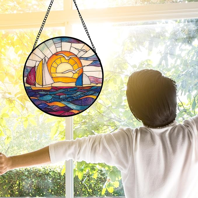 DASTOLL Stained Glass Window Hanging, Sailboat and Waves Suncatcher Diamond - Image 4