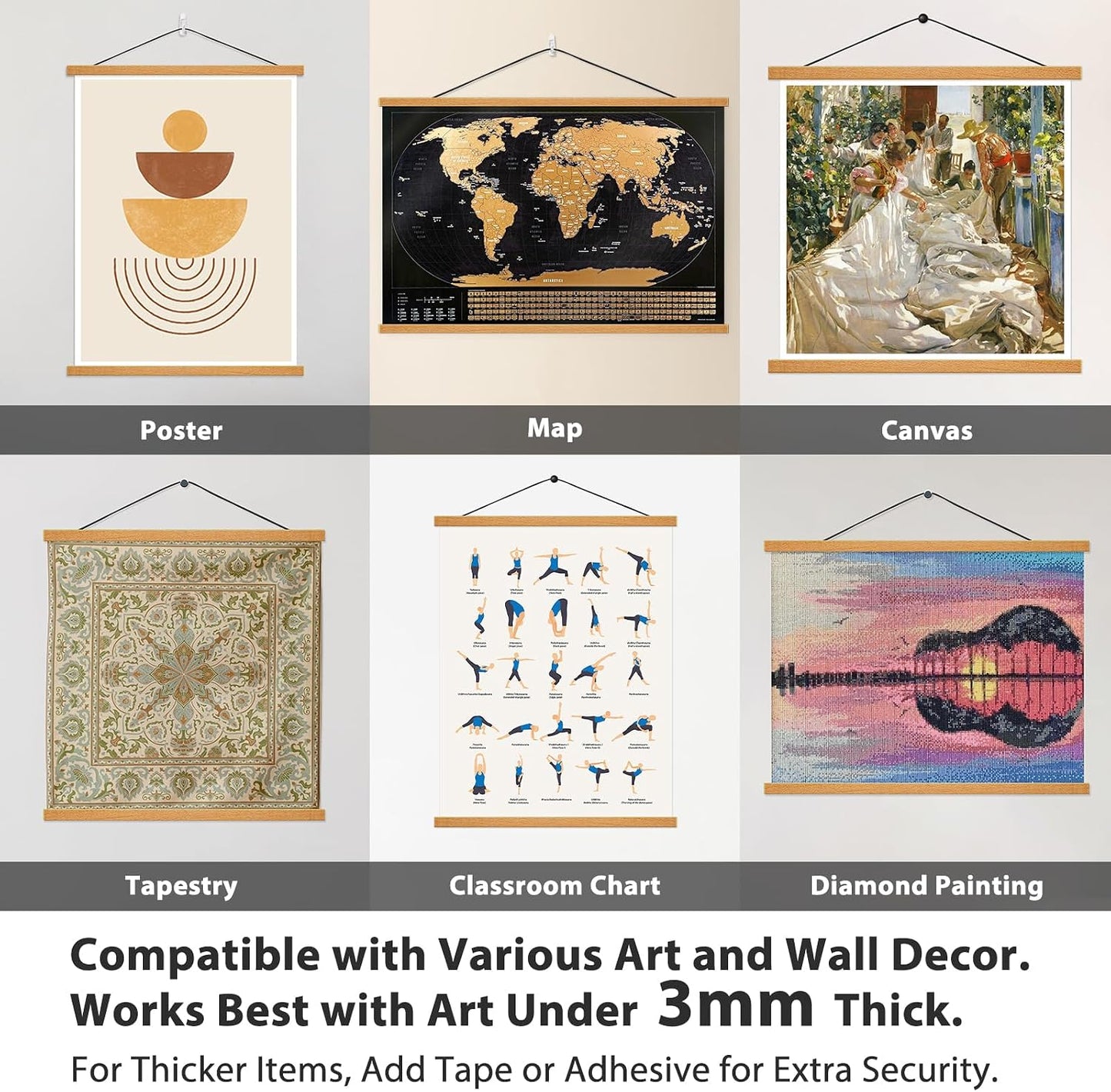 Magnetic Poster Hanger Frame, 12 Inch, Teak Wood, Fits 12x16 12x18 12x24 Prints, N52 Magnets, Clean Wall Display for Posters, Maps, Canvas & Diamond Art