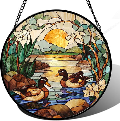 AMDERVEN Stained Glass Window Hanging, Ducks in The Pond Sun Catcher by amderven