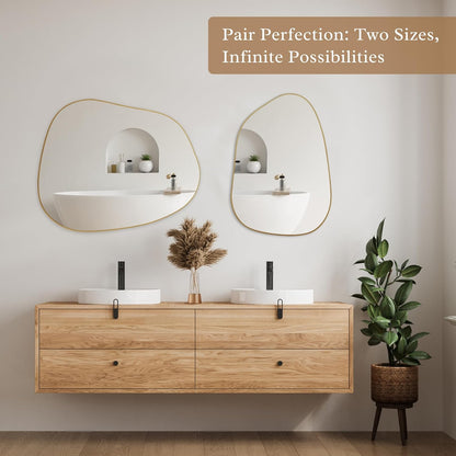 PERFNIQUE Irregular Asymmetrical Wall Mirror, 32"x24" Gold Bathroom Mirror | Decorative modern boho mirror with gold finish. HD glass mirror for bedroom, living room, entryway, mantel and vanity decor