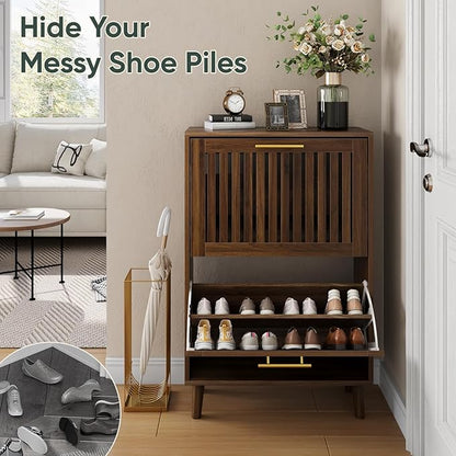 Shoe Cabinet with 2 Flip Slatted Drawers, Farmhouse Slim Shoe Organizer Rack - Image 5
