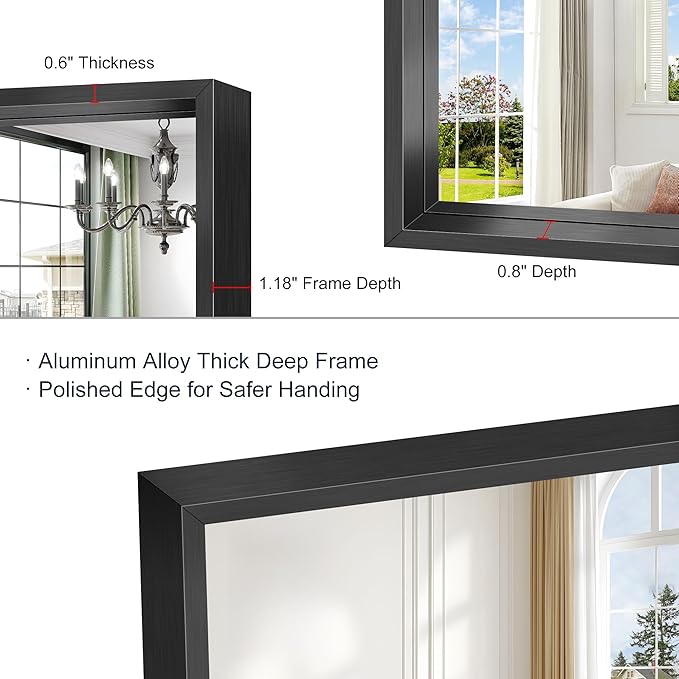 Black Bathroom Mirror, 28x60 Inch Large Rectangle Mirror, 0.6" Thickened Deep - Image 6