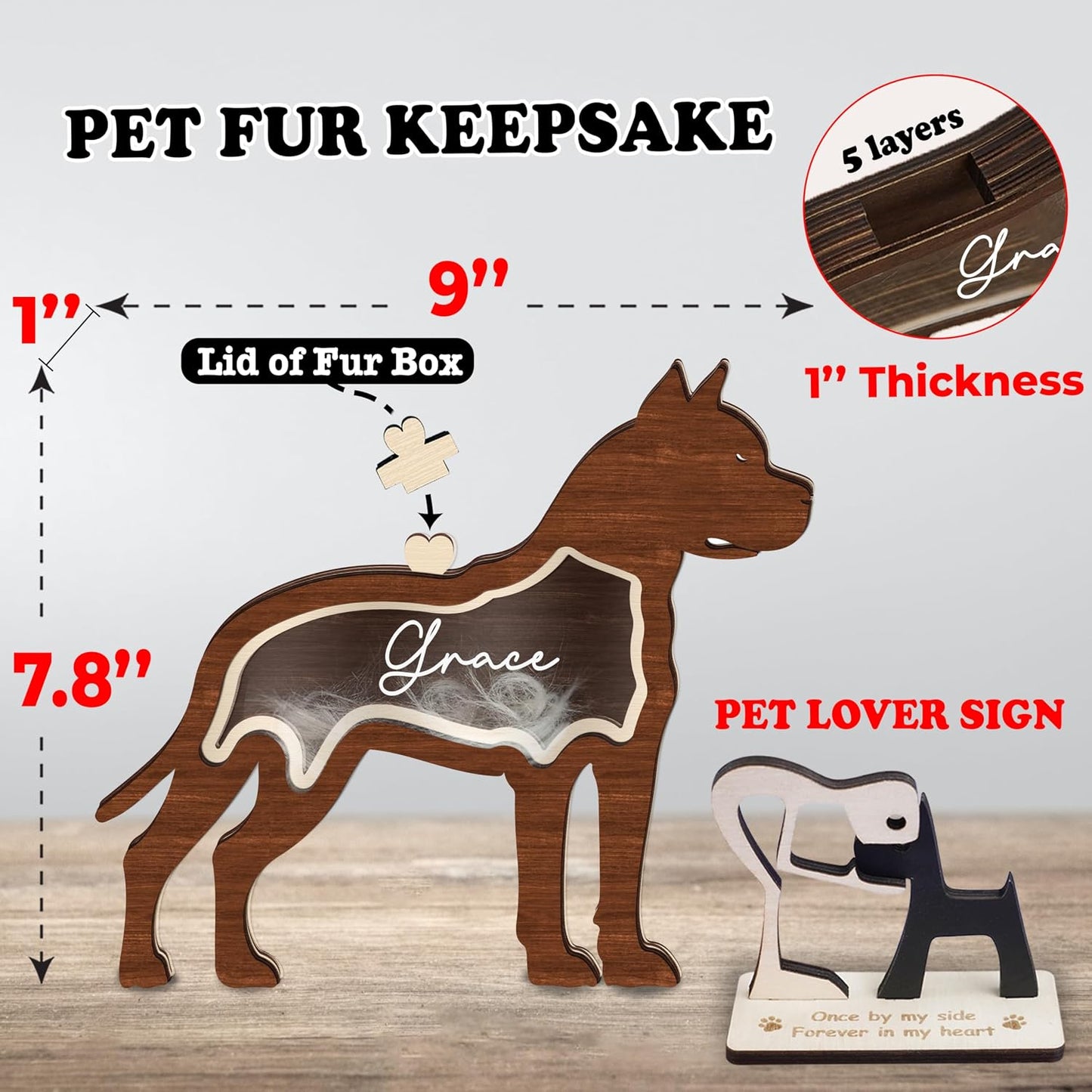 9" Pitbull Dog Hair Keepsake Box, Wooden Pet Urns for Dogs, DIY Pet Loss Sympathy Gifts, Unique Gift Dog Shape Standable Table Decor, Idea Gift for Pet Lover Storing Fur Teeth Ashes PS16-32L