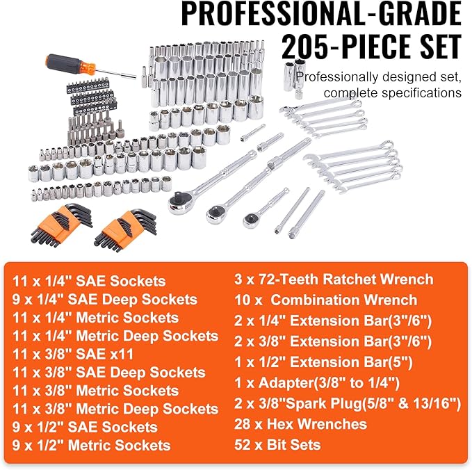 VEVOR Mechanics Tool Set, 1/4" 3/8" 1/2" Drive Deep and Standard Sockets - Image 3