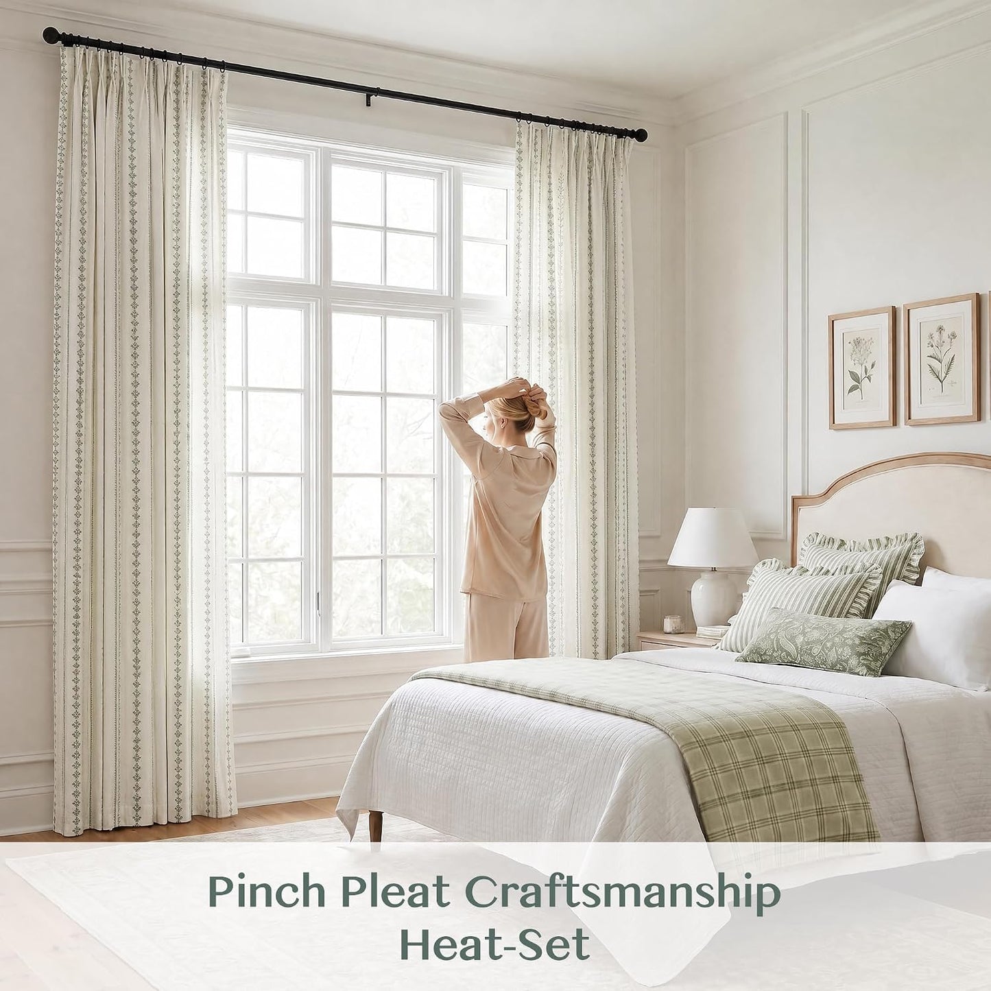 Pinch Pleated Sage Green Floral Block Print Curtains 84 Inches Long, Vintage Boho Linen Blend Drapes for Bedroom Living Room, 2 Panels Set