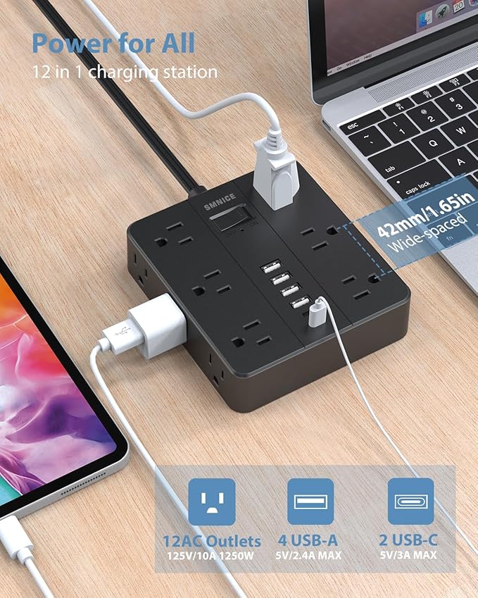 Power Strip Flat Plug with 12 Outlets 6 USB, SMNICE Surge Protector Charging - Image 3