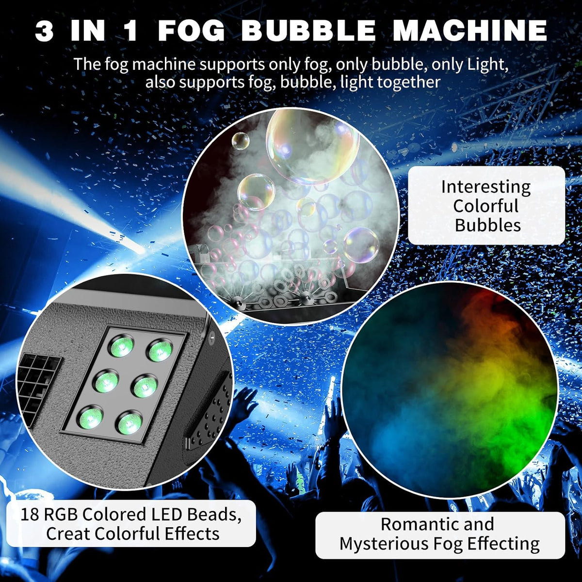 2000W Fog Machine, 3 in 1 Fog Bubble Machine with 2 Bubble Fans, 18 RGB LED L...