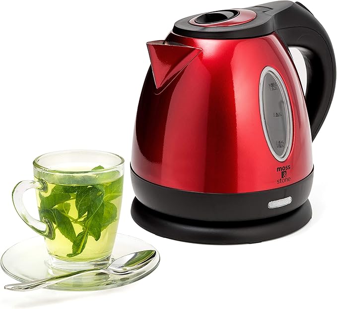 Moss & Stone 1.2L Stainless Steel Small Electric Kettle Red Color, Cordless by Mossstone