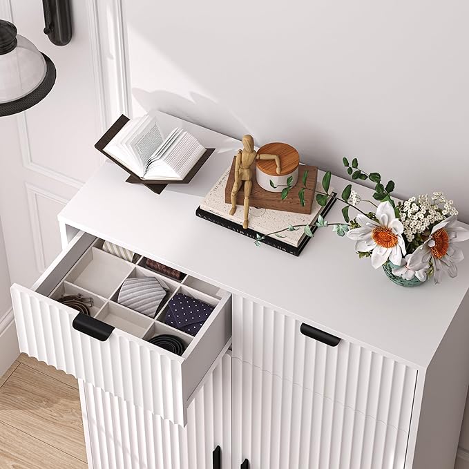 Fluted Shoe Cabinet, 4-Tier Mid Century Modern Narrow Shoe Storage Cabinet - Image 7