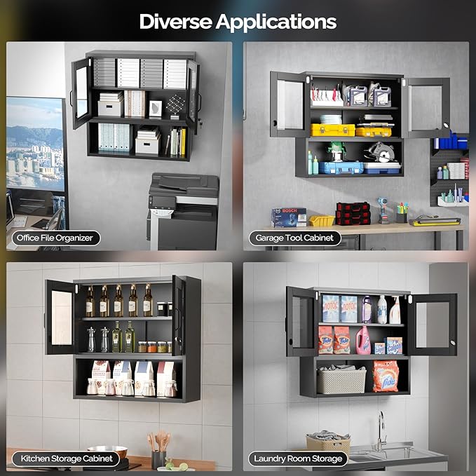 VINGLI Metal Wall Cabinet with Locking Glass Doors, Adjustable Shelf, Wall - Image 7