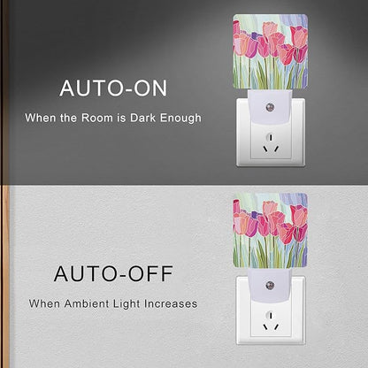 Smoaffly Pink Tulip Flowers Night Light Plug-in LED Nightlights Auto Sensor - Image 5