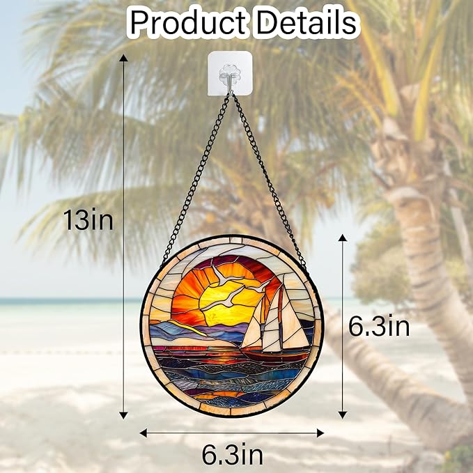 DASTOLL Stained Glass Window Hanging, Sun Ocean Sailboat Seagull Abstract - Image 4