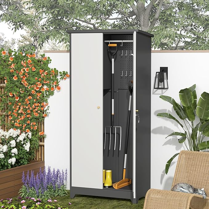 GREATMEET 72.8" Outdoor Broom Storage Cabinet, Metal Storage Cabinets - Image 3