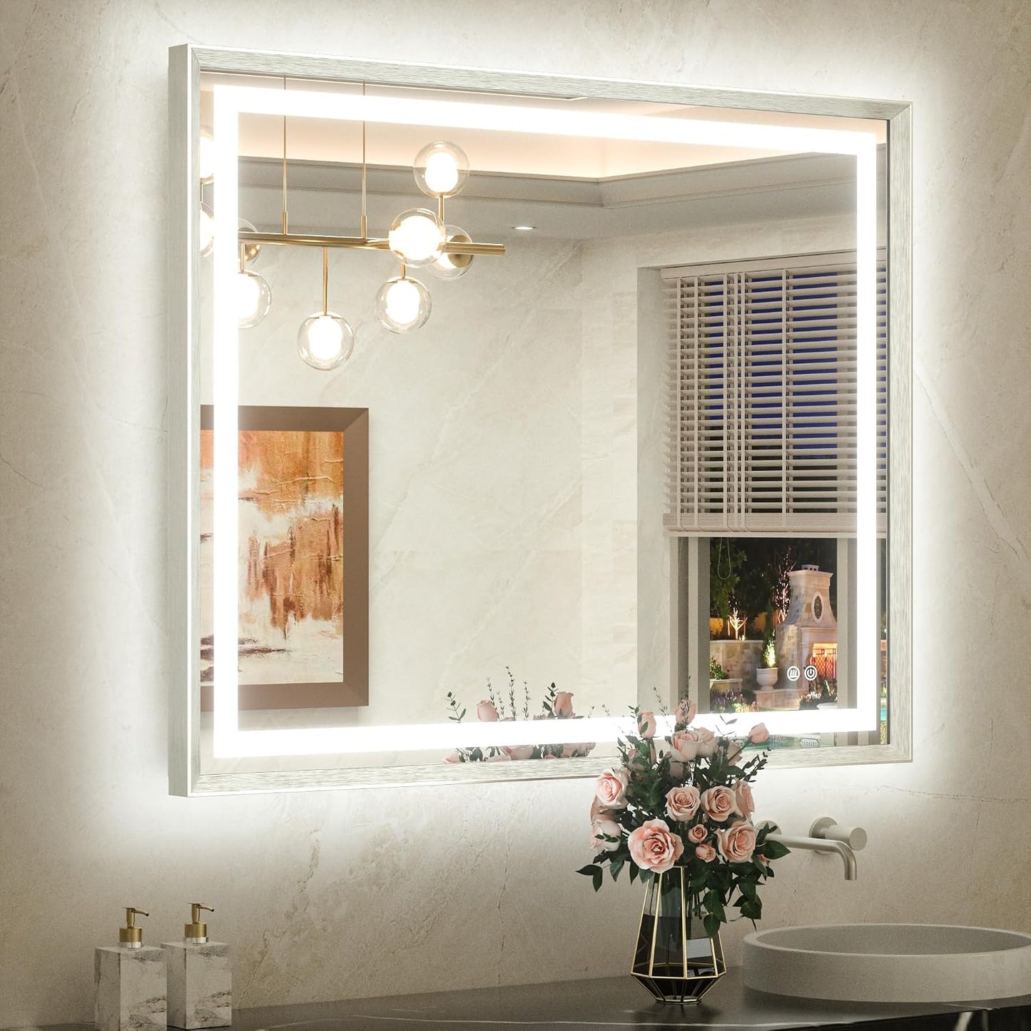 42 x 36 Led Mirror Brushed Nickel Metal Frame Frontlit & Backlit Vanity Mirror Anti-Fog Stepless Dimmable 3 Colors White/Warm/Natural Wall Mirror with Lights Wall-Mounted