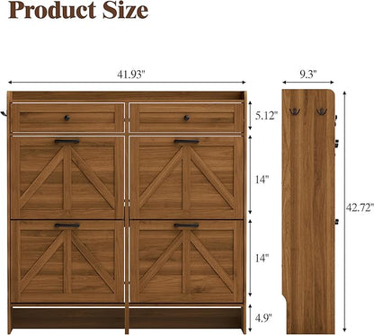 Shoe Cabinet with 4 Flip Drawers & 2 Storage Drawers, Rustic Farmhouse Narrow - Image 2