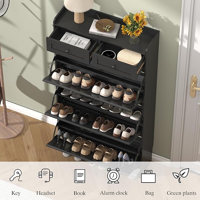 Shoe Cabinet with 3 Flip Drawers & 2 Storage Drawers, Rustic Farmhouse Narrow - Image 5