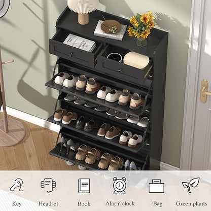 Shoe Cabinet with 3 Flip Drawers & 2 Storage Drawers, Rustic Farmhouse Narrow - Image 5