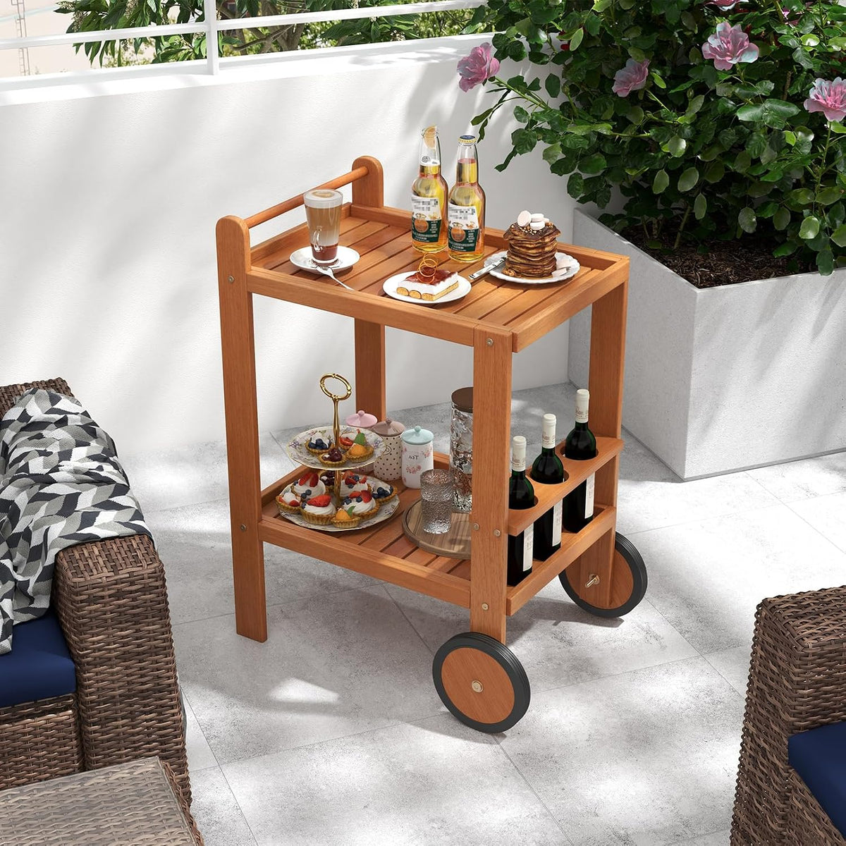 Tangkula 2-Tier Rolling Bar Cart with Rubber Wheels, Natural