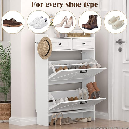 Shoe Cabinet with 2 Flip Drawers & 2 Storage Drawers, Rustic Farmhouse Narrow - Image 8