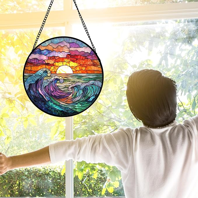 DASTOLL Stained Glass Window Hanging, Clouds and Sea Waves Suncatcher Diamond - Image 6