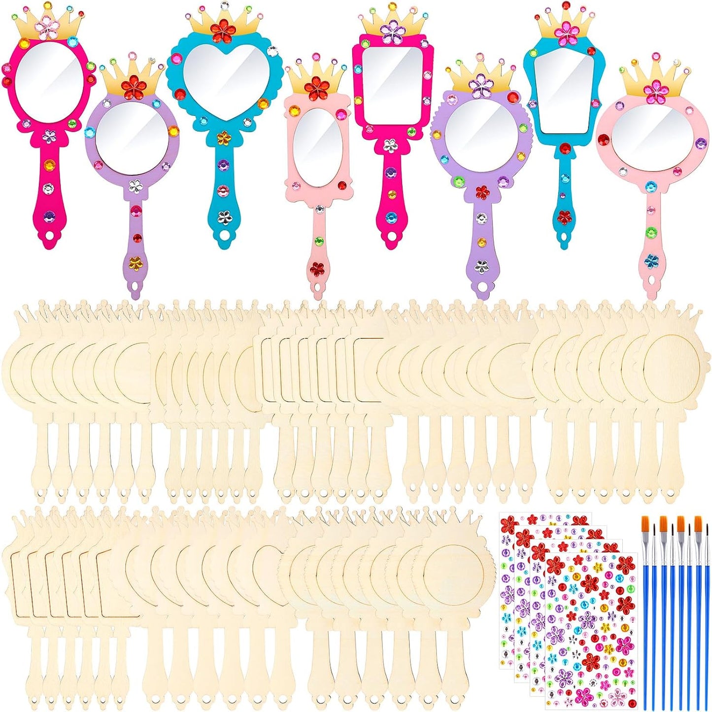 RoundFunny 48 Pack Wooden Mirror Craft for Girls DIY Decorate You Own Princess Wooden Hand Small Mirrors for Crafts Paint Princess Party Decorations Birthday Supplies Favors