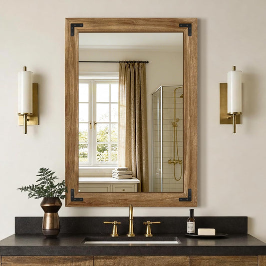 AMOISE Farmhouse Bathroom Vanity Mirror 40"x28" Vintage Rustic Wall Mirror | Wood Frame, Over Sink Mirror for Bathroom, Entryway, Bedroom, Living Room, Vertical or Horizontal Hanging