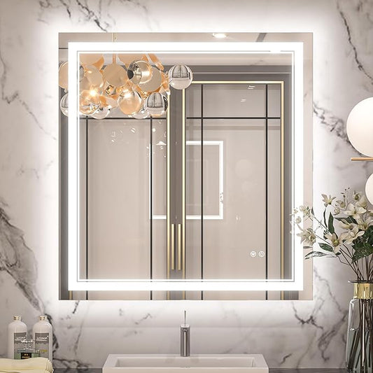 Keonjinn 30" x 32" Bathroom LED Mirror, Front & Back Lighted Mirror by Keonjinn