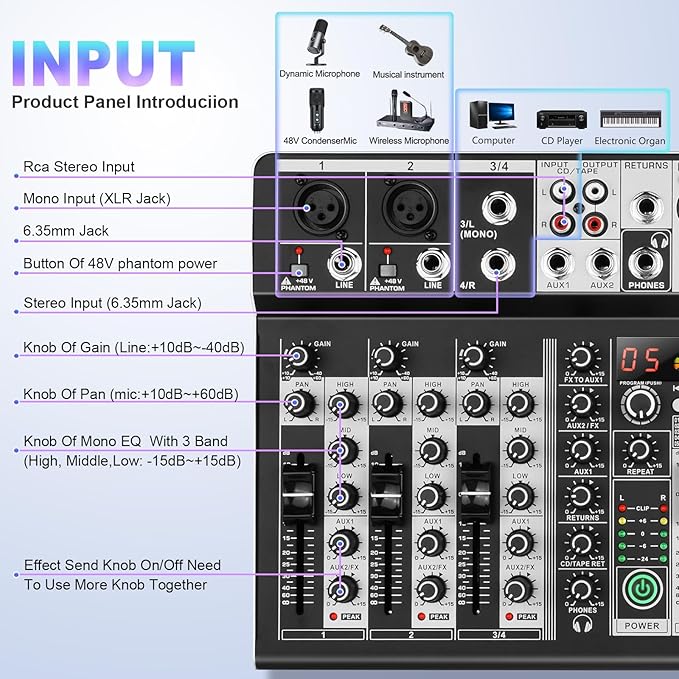 8 Channel Audio Mixer DJ Mixer Sound Board Console 16 Dsp USB Audio Interface - Image 2