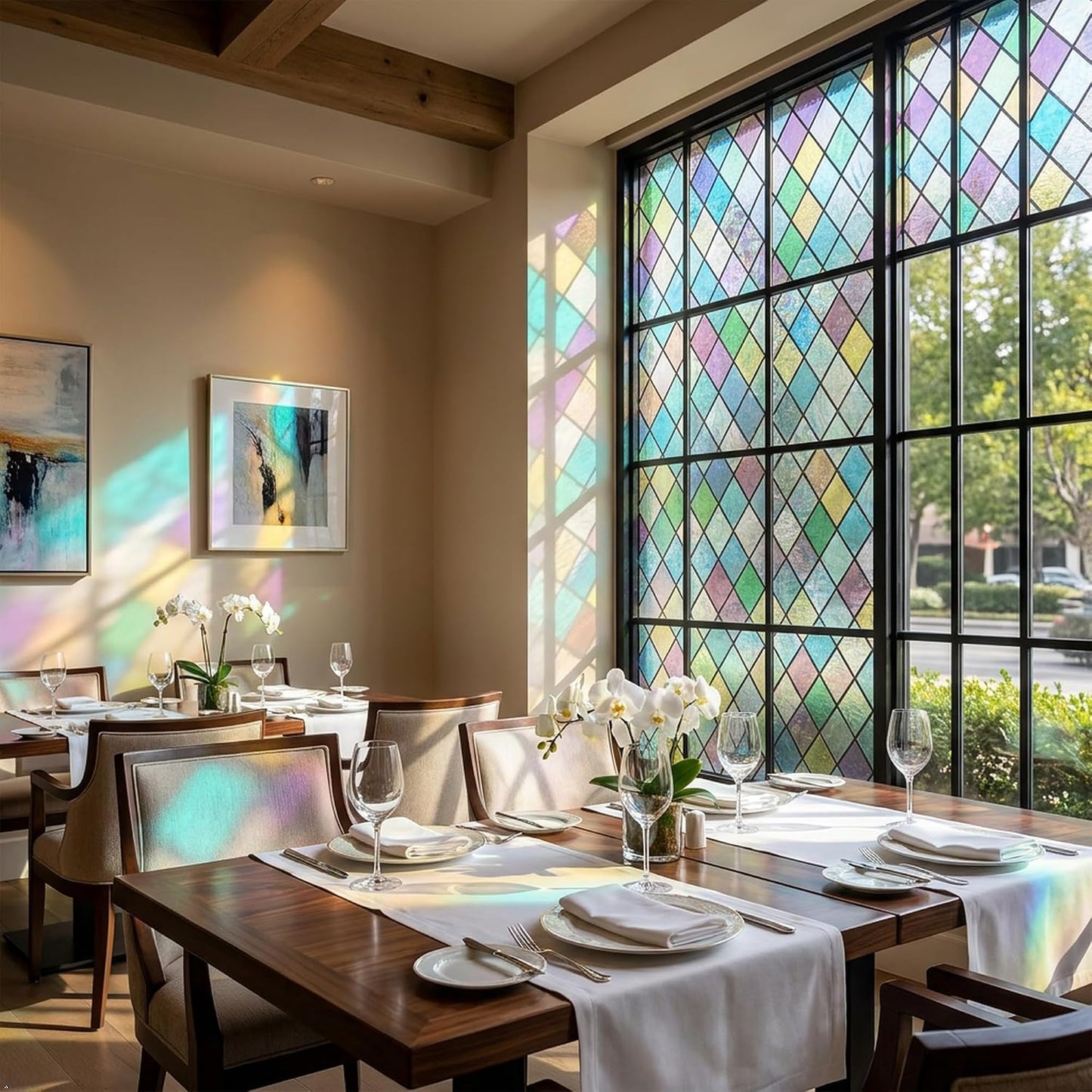 Stained Glass Window Film, Colorful Geometric Diamond, 17.5"x 78.7" | Blocks Clear View, Casts Soft Rainbow Light | Static Cling, No Glue, Residue-Free | UV Blocking, Reusable | For Home & Office