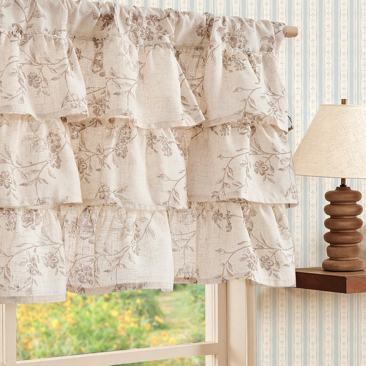 jinchan Alisa Ruffled Floral Valance Curtain 18 Inch 1 Panel Taupe on Linen | Linen blend, light filtering, rod pocket, shabby chic, farmhouse rustic, window treatment for kitchen bedroom living room